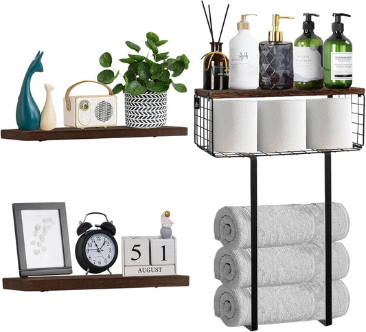 Skiennix Floating Shelves - Wall Mounted Bathroom Organizer with Storage Basket for Toilet Paper | Dark Brown, Set of 4, 16 in