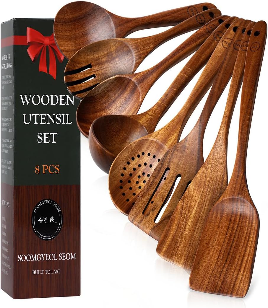 Skiennix 8-Piece Natural Teak Wood Utensil Set - Eco-Friendly Nonstick Cooking Spoons & Spatulas