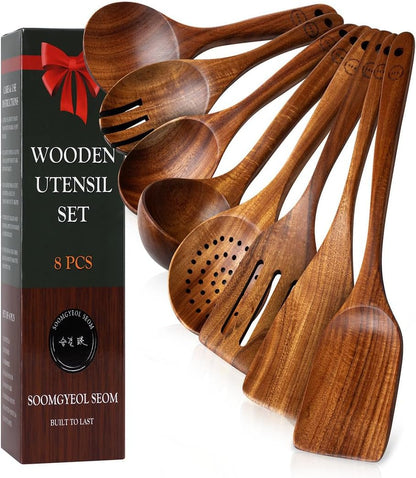 Skiennix 8-Piece Natural Teak Wood Utensil Set - Eco-Friendly Nonstick Cooking Spoons & Spatulas