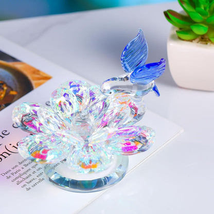 Movdyka Crystal Figurine - Blue Hummingbird Lotus Flower Decor | Sparkling Glass Ornament for Home