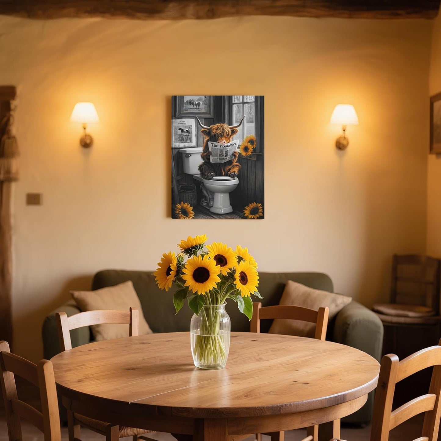 Ovczax Highland Cow Bathroom Wall Art - Cute Animal Decor Print | Framed 16" x 12" Poster