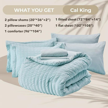 HYMOKEGE California King Comforter Set - Luxury 7-Piece Bedding Set in Lake Blue | All-Season Seersucker Design