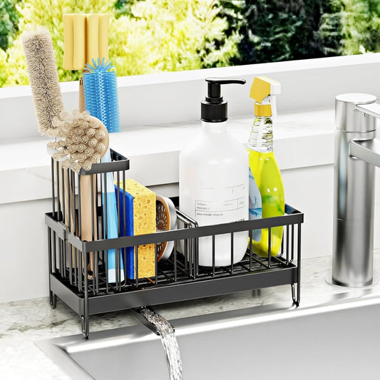 Skiennix Kitchen Sink Sponge Holder - Auto Draining Caddy with Brush Organizer | Stainless Steel Design