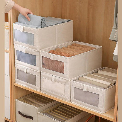 Pradnel Linen Closet Organizers - 4 Pack Foldable Storage Bins with Clear Window for Clothing & Jeans