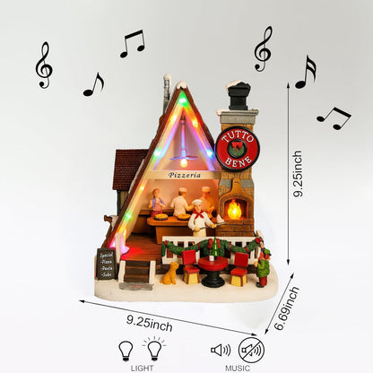 Moments In Time Pizza Shop Scene - Handcrafted LED Musical Pizzeria Holiday Decoration | Tabletop Display