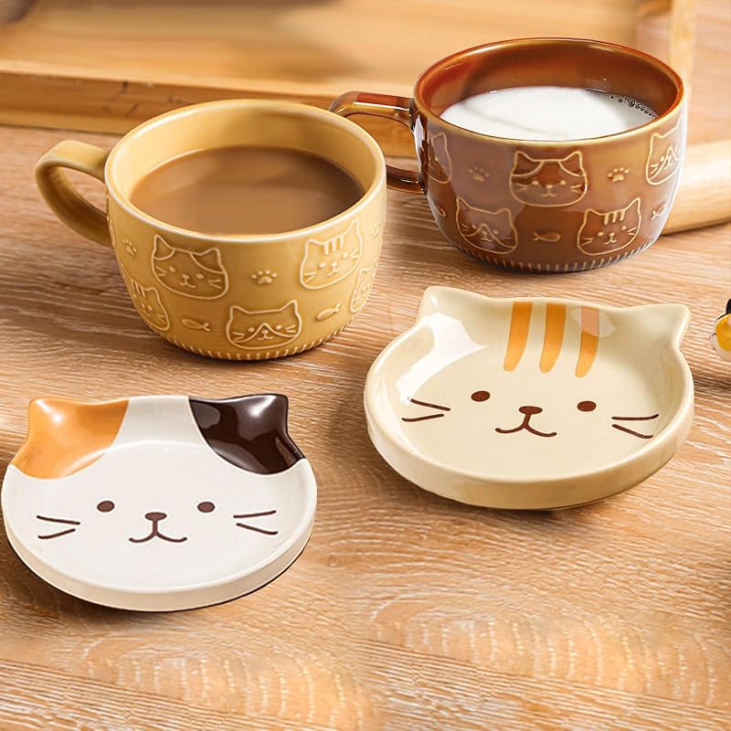 2Pcs Cute Cat Mug with Lid - 10oz Ceramic Tea Cups Set (Brown + Yellow)