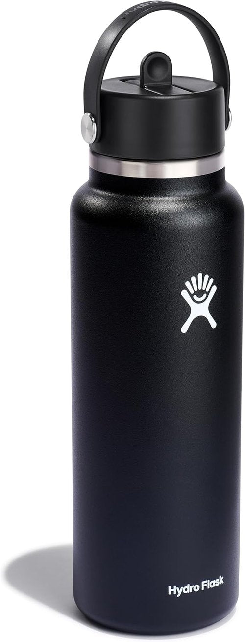 Hydro Flask Water Bottle - Insulated Stainless Steel - 40 Oz Black with Wide Straw Lid & Leakproof Design