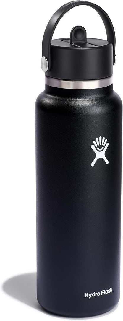 Hydro Flask Water Bottle - Insulated Stainless Steel - 40 Oz Black with Wide Straw Lid & Leakproof Design