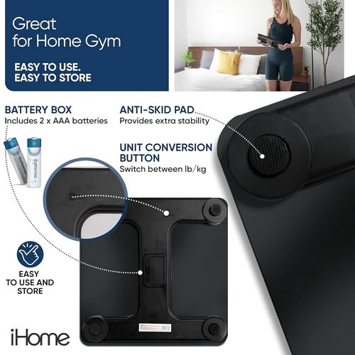 iHome Digital Bathroom Scale - Accurate Body Weight Measurement | Batteries Included, Sleek Black Design
