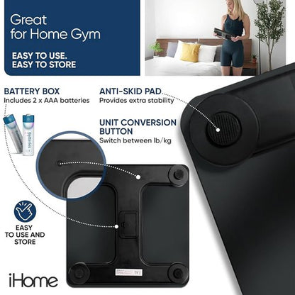 iHome Digital Bathroom Scale - Accurate Body Weight Measurement | Batteries Included, Sleek Black Design