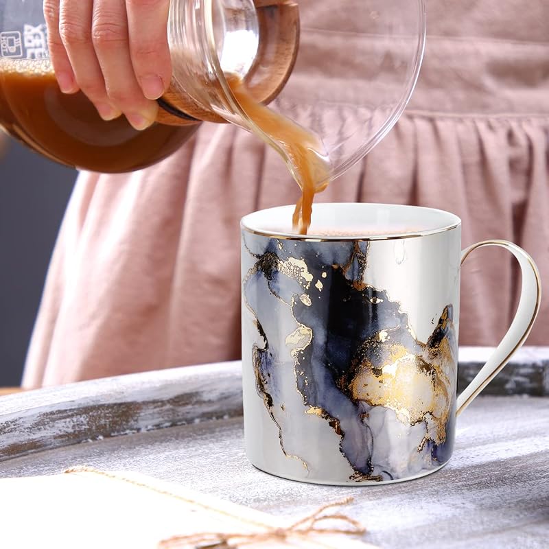 Marble Gold 14 oz Ceramic Coffee Mug - Gift Gift for Women, Black & Gold Marble