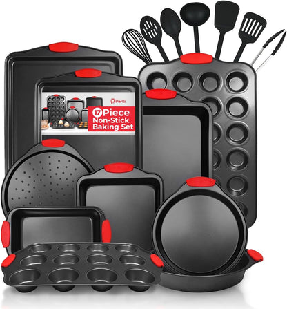 PERLLI Non-Stick 17-Piece Baking Pan Set - BPA-Free Carbon Steel Bakeware with Silicone Handles | Oven Safe Up to 446°F