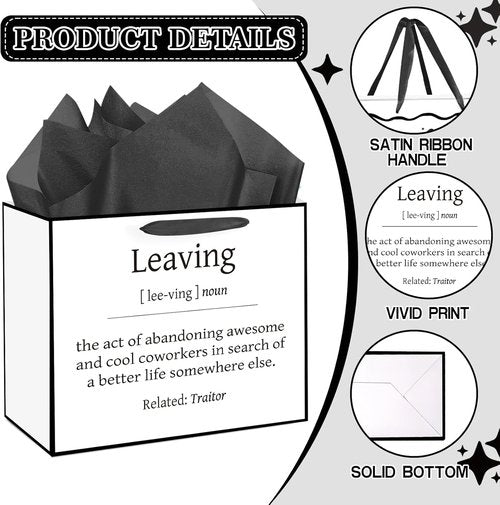 Funny Going Away Gift Bag Black White Farewell Goodbye Christmas Gift Bag with Wrapping Paper Card Sticker Envelope for Coworkers Leaving Gifts Retirement Good Luck We Will Miss You Presents Favors