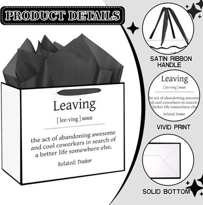 Funny Going Away Gift Bag Black White Farewell Goodbye Christmas Gift Bag with Wrapping Paper Card Sticker Envelope for Coworkers Leaving Gifts Retirement Good Luck We Will Miss You Presents Favors