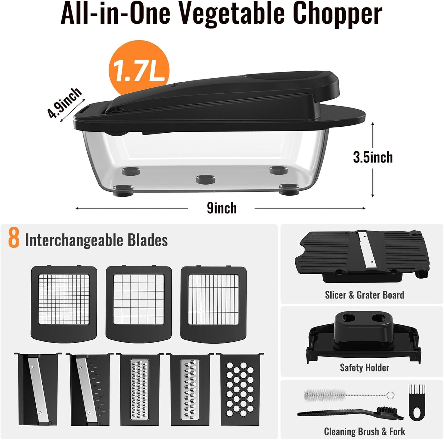 Skiennix 8-Blade Vegetable Chopper - All-in-One Mandoline Slicer with Container | Black Kitchen Essential