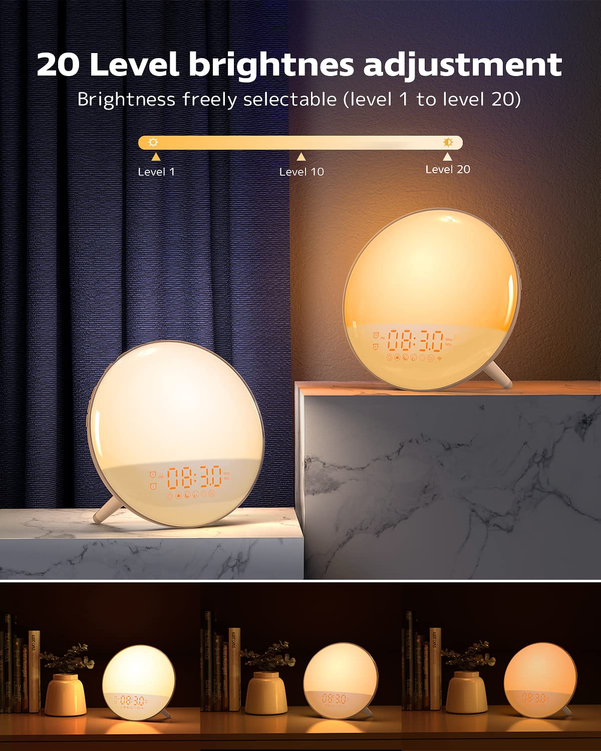 Smart Sunrise Alarm Clock, Wake Up Light Alarm Clocks for Bedrooms, Teens Heavy Sleepers Kids,Sleep Aid with FM Radio, Sunrise/Sunset Simulation, 4 Alarm Clock, 7 Alarm Sounds, APP Remote Control