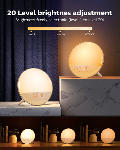 Smart Sunrise Alarm Clock, Wake Up Light Alarm Clocks for Bedrooms, Teens Heavy Sleepers Kids,Sleep Aid with FM Radio, Sunrise/Sunset Simulation, 4 Alarm Clock, 7 Alarm Sounds, APP Remote Control