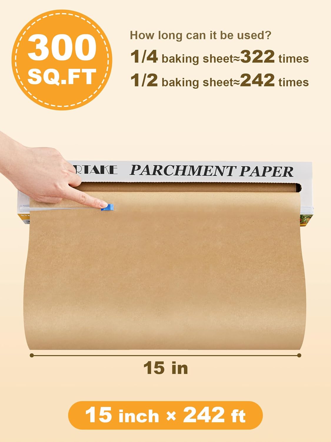 SMARTAKE Parchment Paper Roll - Non-Stick Baking Sheets with Slide Cutter | 15" x 242 ft, Heavy Duty Unbleached