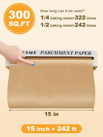 SMARTAKE Parchment Paper Roll - Non-Stick Baking Sheets with Slide Cutter | 15" x 242 ft, Heavy Duty Unbleached