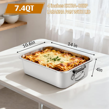 Skiennix 4-Inch Extra Deep Lasagna Pan - 7.4QT Stainless Steel Nonstick Baking Dish with Lid & Handles | 14x10.6x4 IN