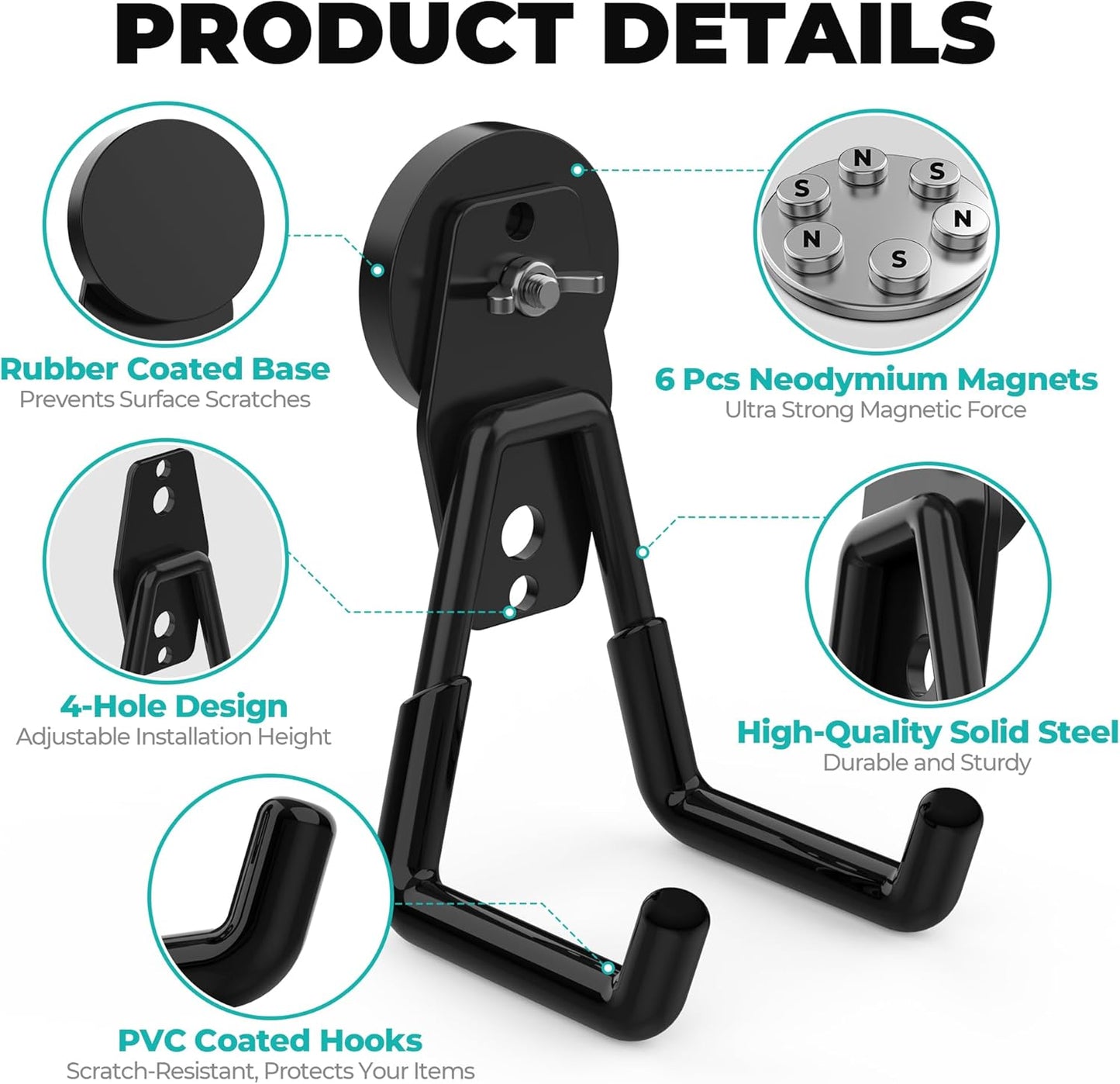Skiennix Heavy Duty Magnetic Hooks - 4 Pack Large Utility Hooks for Garage Storage | Black