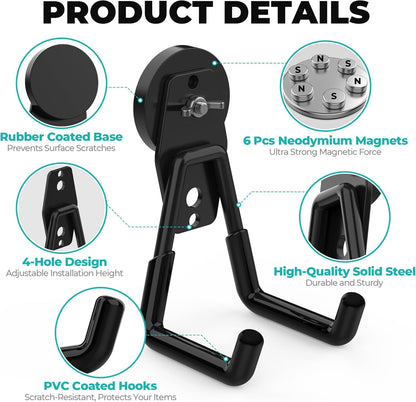 Skiennix Heavy Duty Magnetic Hooks - 4 Pack Large Utility Hooks for Garage Storage | Black