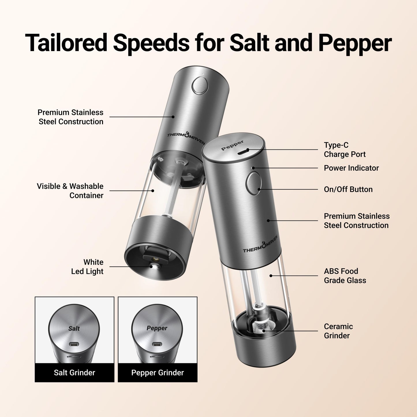ThermoMaven Electric Salt and Pepper Grinder Set, 110ml Larger Rechargeable Automatic Salt and Pepper Mill Grinder with 6 Adjustable Coarseness, Electric Salt and Pepper Shakers, LED, 2 Packs, Silver