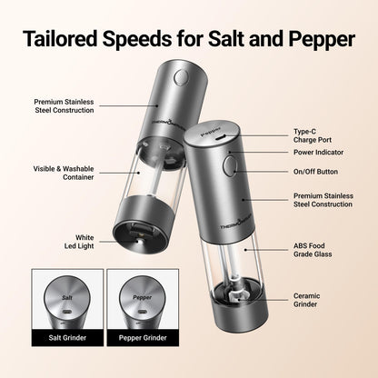 ThermoMaven Electric Salt and Pepper Grinder Set, 110ml Larger Rechargeable Automatic Salt and Pepper Mill Grinder with 6 Adjustable Coarseness, Electric Salt and Pepper Shakers, LED, 2 Packs, Silver
