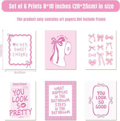 Whaline 6Pcs Pink Bow Bathroom Wall Art Prints - Coquette 8x10 Inch Unframed Decor for Washroom