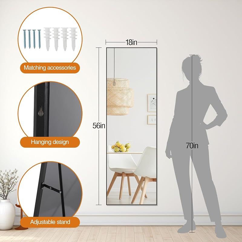 56x18 Full Length Mirror with Black Aluminum Frame - Freestanding Floor Standing