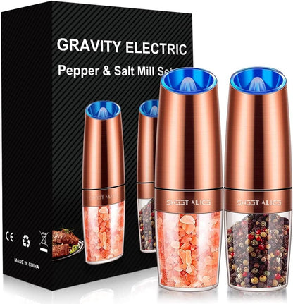 Gravity Electric Pepper and Salt Grinder Set, Adjustable Coarseness, Battery Powered with LED Light, One Hand Automatic Operation, Stainless Steel Copper, 2 Pack