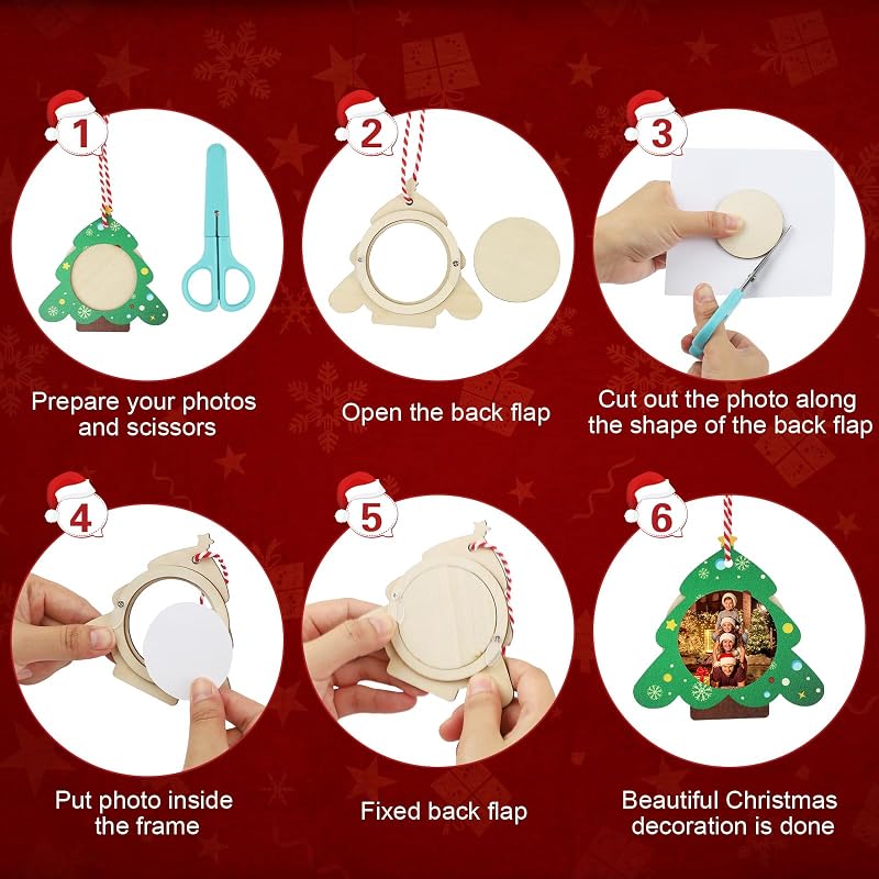 Wooden Christmas Photo Frame Ornaments – 12 Pack Easy-Load Keepsake Frames for Tree