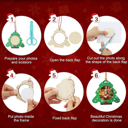 Wooden Christmas Photo Frame Ornaments – 12 Pack Easy-Load Keepsake Frames for Tree