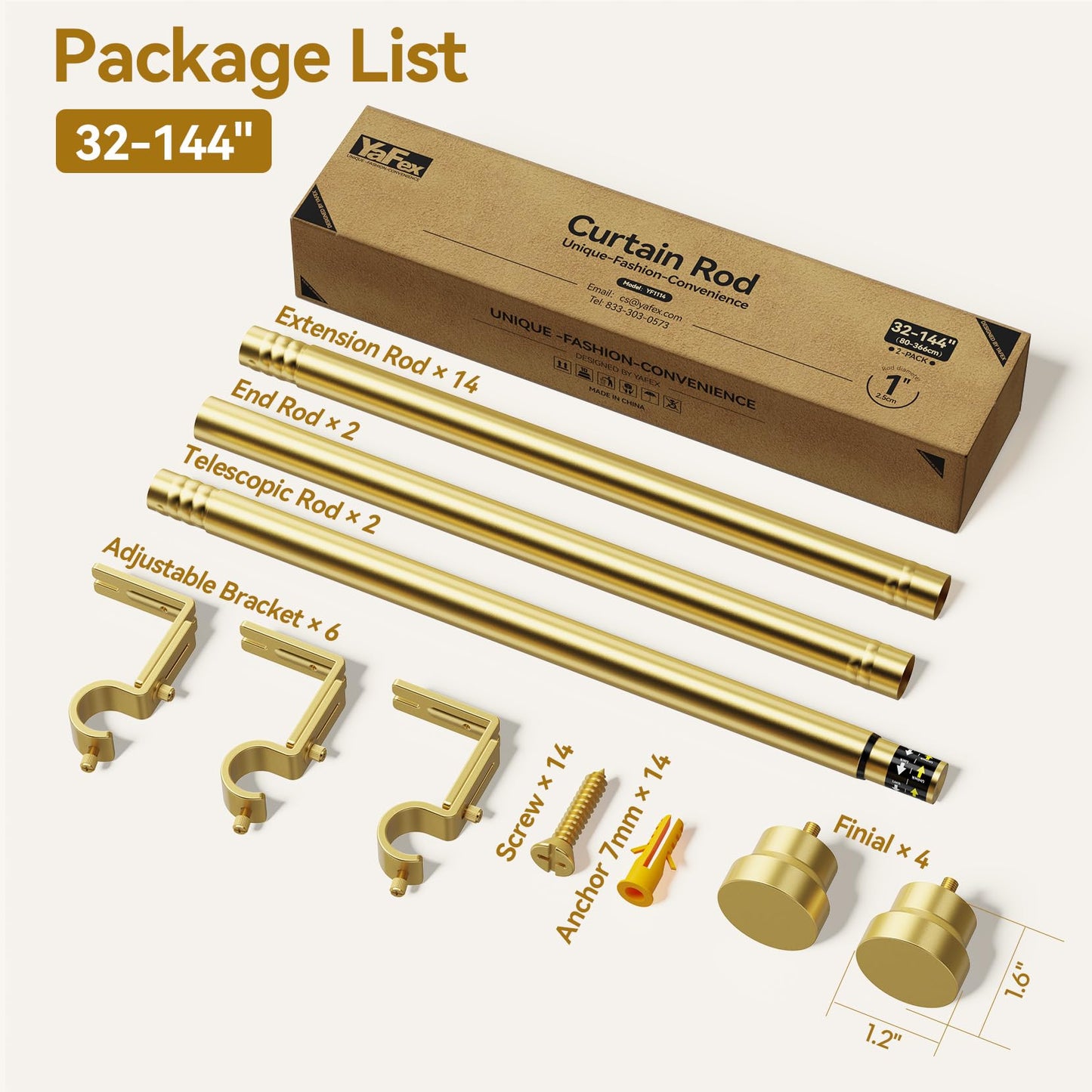YaFex Curtain Rods 2 Pack 32-144 Inch, Heavy Duty 1 Inch Curtain Rod, Gold Extra Long Adjustable Window Treatment Rods, Modern Design, Easy Installation