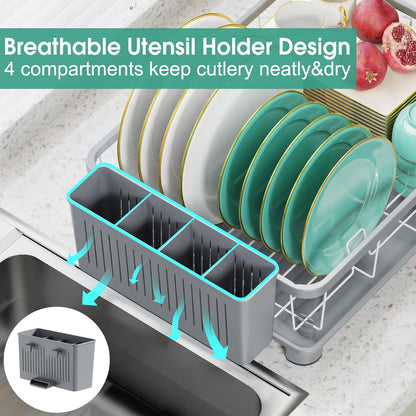 Skiennix Dish Drying Rack - Space-Saving Kitchen Rack with Drainboard & Removable Utensil Holder | Gray