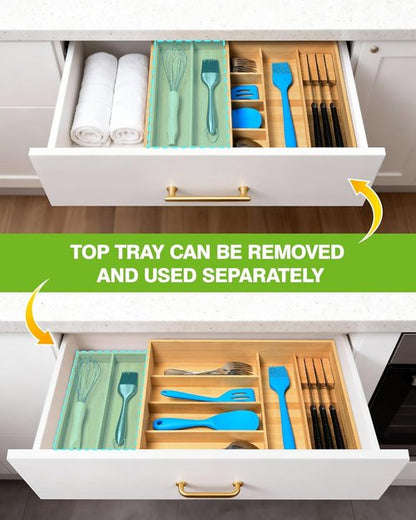 HULISEN Bamboo Utensil Drawer Organizer - 2-Tier Silverware Holder with Sliding Top & Removable Knife Slot - Deep 8-Slot Design