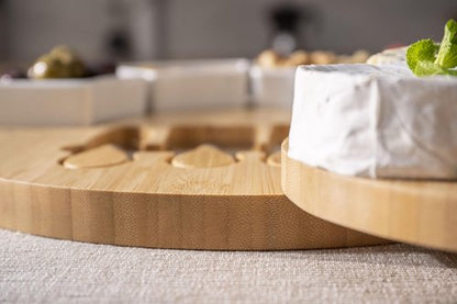 Charcuterie Cheese Board and Platter Set - Made from Bamboo Wood - US Patented 13 inch Cheese Cutting Board and Knife for Entertaining and Serving - 4 Knives - 4 Bowls
