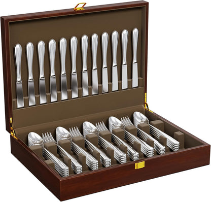 Walnut Wood Silverware Storage Box - Felt Lined Flatware Organizer for 12 Sets of Utensils