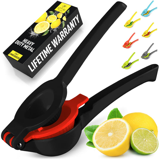 Zulay Metal 2-In-1 Lemon Squeezer Manual - Sturdy, Max Extraction Hand Juicer Lemon Squeezer Gets Every Last Drop - Easy to Clean Manual Citrus Juicer - Easy-to-Use Lemon Juicer Squeezer - Black/Red