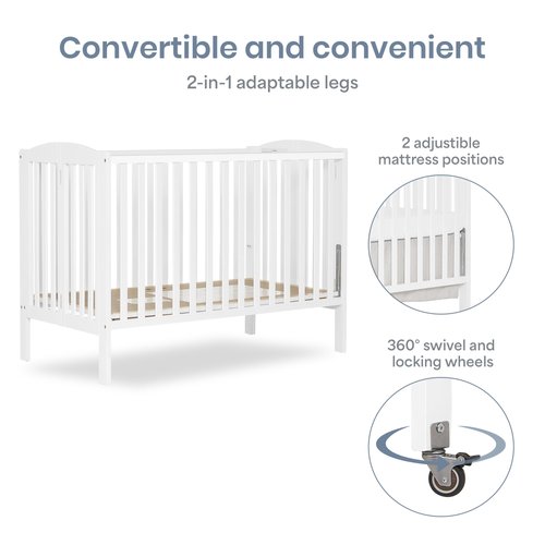 Dream On Me Full-Size 2-in-1 Folding Baby Crib in White, GreenGuard Gold & BSA, Portable, Patented Quick Folding System, Strong Wheels, 2 Adjustable Mattress Heights