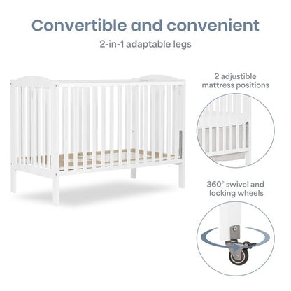 Dream On Me Full-Size 2-in-1 Folding Baby Crib in White, GreenGuard Gold & BSA, Portable, Patented Quick Folding System, Strong Wheels, 2 Adjustable Mattress Heights