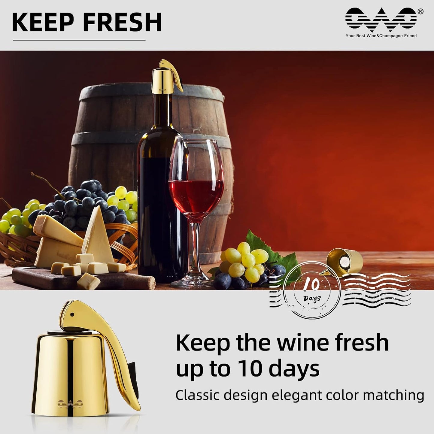 OWO Stainless Steel Wine Bottle Stopper, Reusable Wine Saver with Silicone Seal, Decorative Bottle Sealer, Keeps Fresh (Gold, 2 Pack)