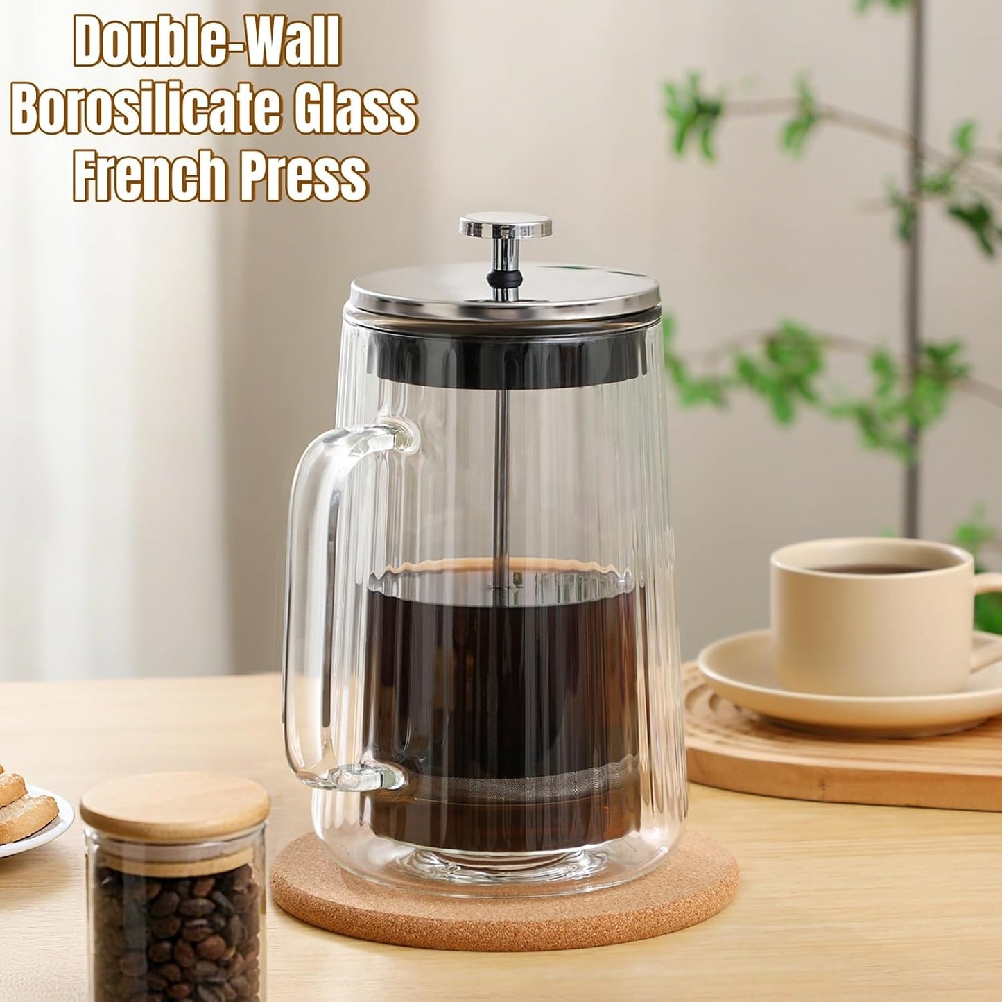 Skiennix Glass French Press Coffee Maker - 34oz Double Wall Borosilicate Glass | Stainless Steel Filtration for Coffee & Tea
