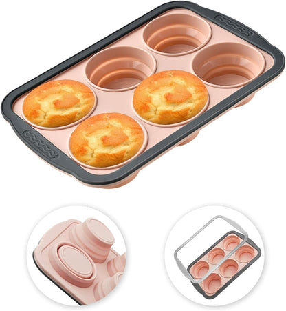 Skiennix Silicone Muffin Pan - 6 Cup Nonstick Baking Molds | BPA-Free, Easy to Clean, Pink
