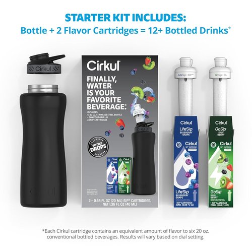 Cirkul 32oz Matte Black Stainless Steel Water Bottle Kit - Includes Black Lid & 2 Flavor Cartridges