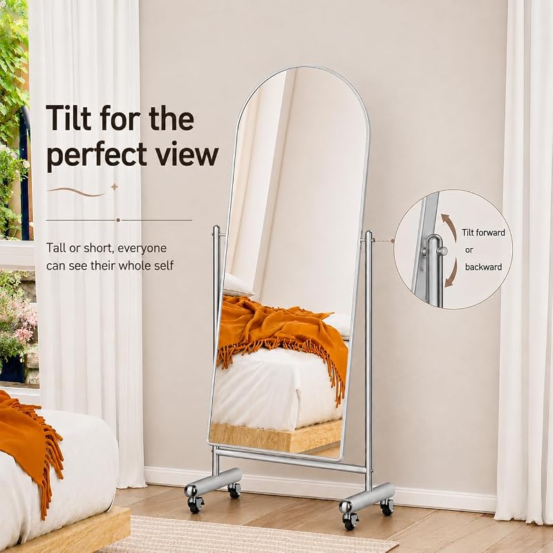 Arched Full Length Mirror with Wheels 65" x 24" - Tilting Stainless Steel Framed Full Body Mirror (Silver)