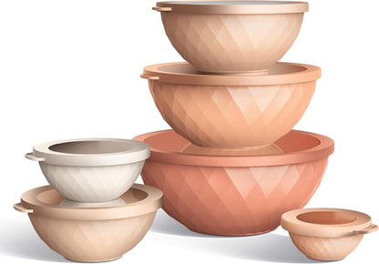 COOK WITH COLOR Mixing Bowls Set - 12-Piece Microwave Safe Plastic Nesting Bowls with Lids, Orange Diamond