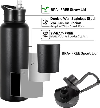 Skiennix 40 Oz Insulated Water Bottle - Stainless Steel, Double Wall, Leakproof | Black with Straw & Wide Mouth Lid