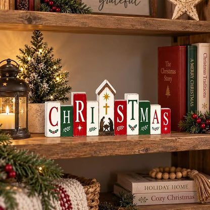 Nativity Bible Scene Tabletop Sign - Freestanding Rustic Christmas Decor, 11.8 x 4.7 in - Variation: Christmas