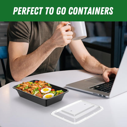 Regine Switzerland 32 oz Meal Prep Containers - 50 Pack of Reusable, Leakproof Food Storage Pans | Microwave & Dishwasher Safe, Black